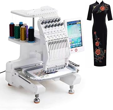 Commercial Embroidery Machine with 12 Needles, 8x12" Hoop & 3D Cap Frame, 10" Touch Screen, 1000spm Max Speed, USB Support, 15 Functions, Auto Embroidery on Caps/Flat/Shirts/Jackets,WhiteA