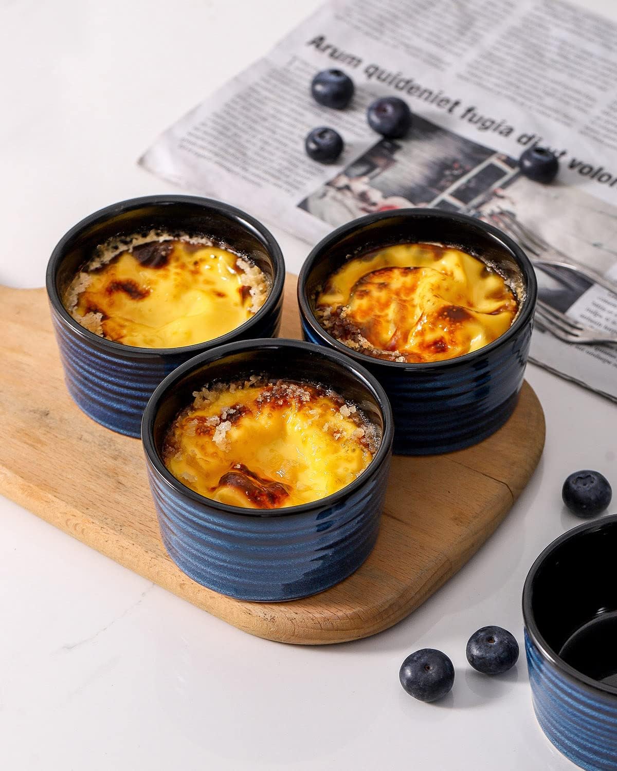 Hasense 6 oz Ramekins for Baking,Ceramic Souffle Dish Oven Safe Set of 6 and 32oz Pasta Bowls,blue