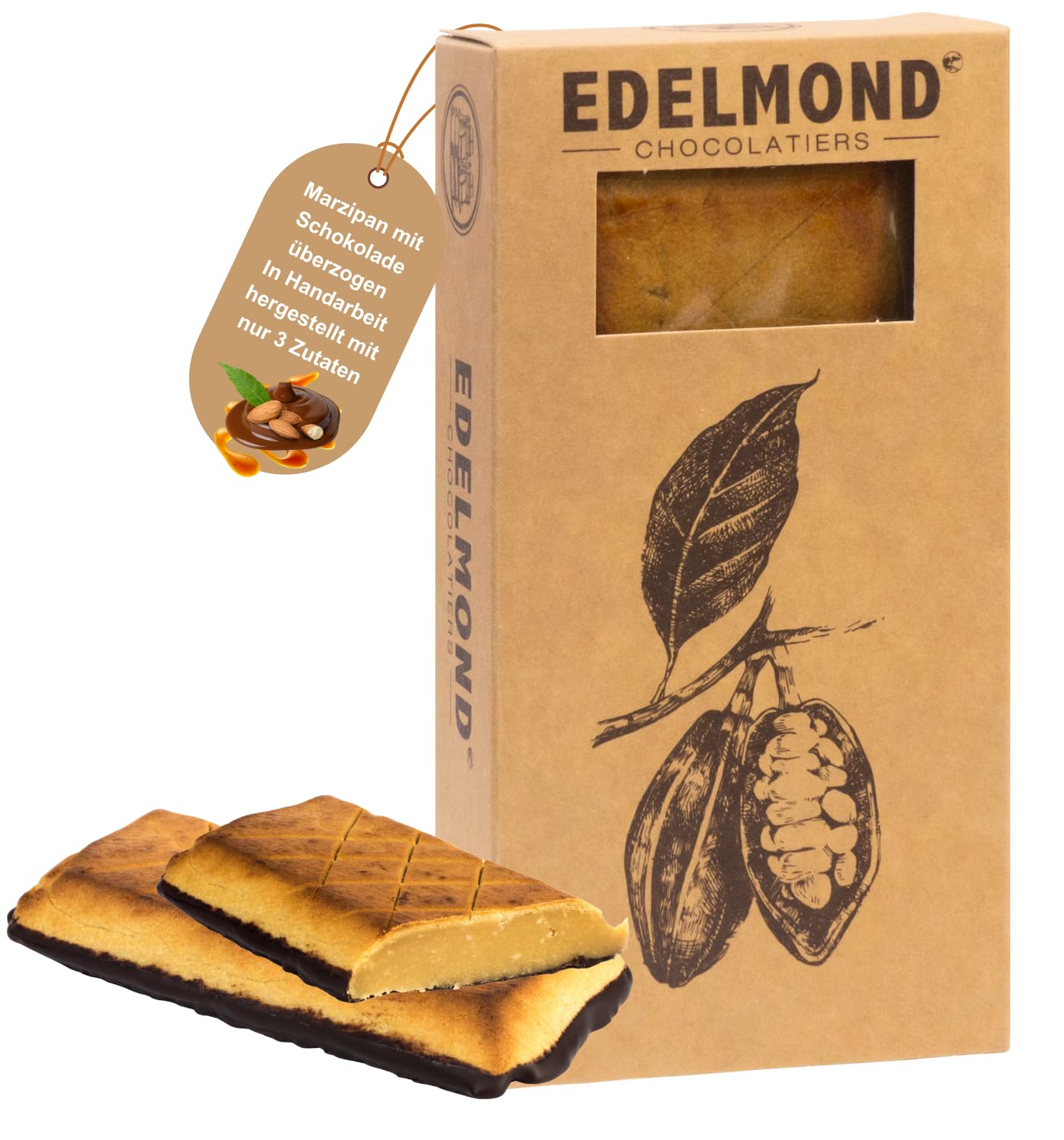 Edelmond geflämmtes Bio Marzipan-Brot. Handgemacht aus Mandeln, Honig und Kakaobohne - Bitterschokolade. Königsberger XL-Praline Geschenk