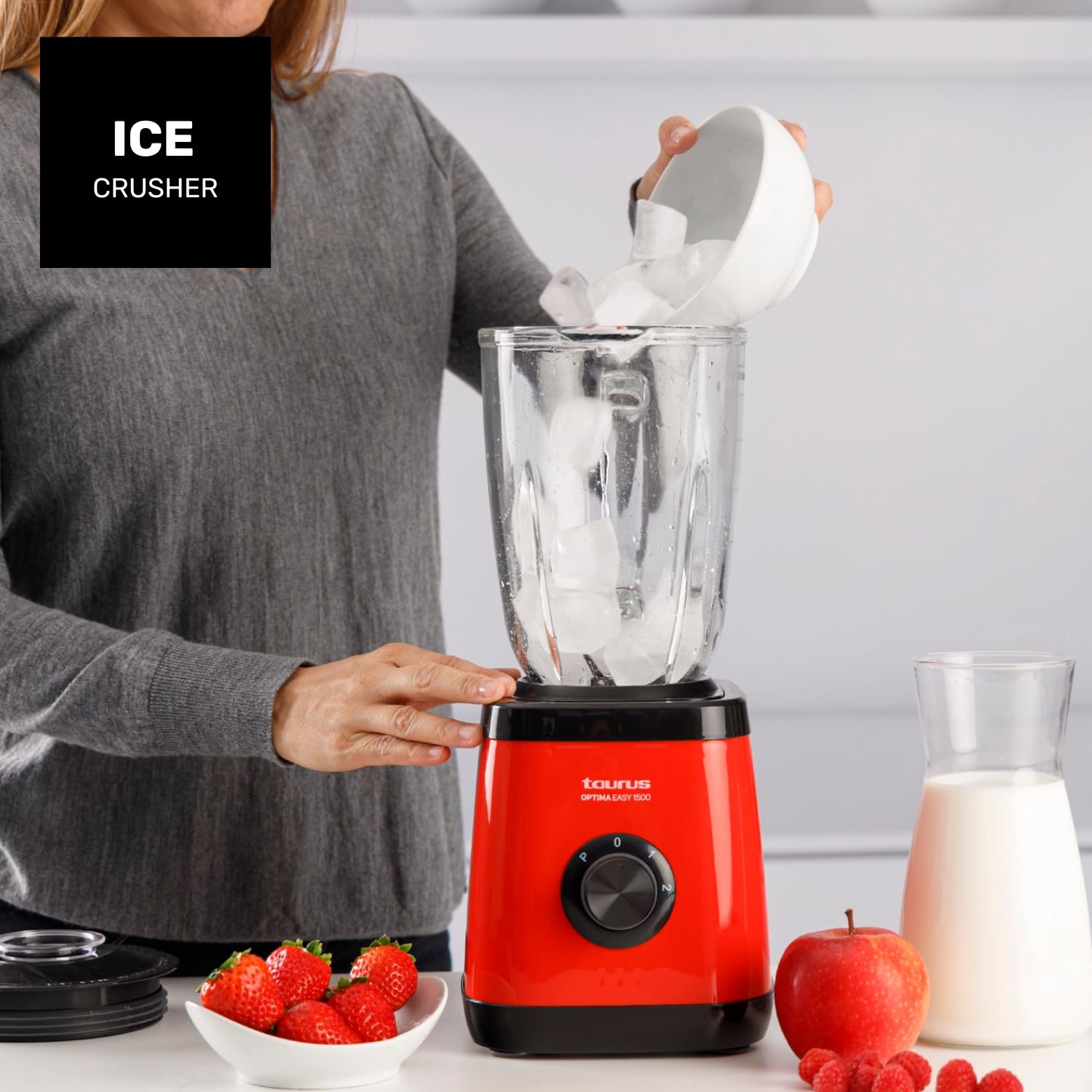 Taurus Optima Easy Mixeur en verre 1 500 W avec bol en Tritan 1,5 l 2 vitesses + Turbo Lames à 4 tranchants Processeur alimentaire professionnel Blender mixeur smoothies et smoothies