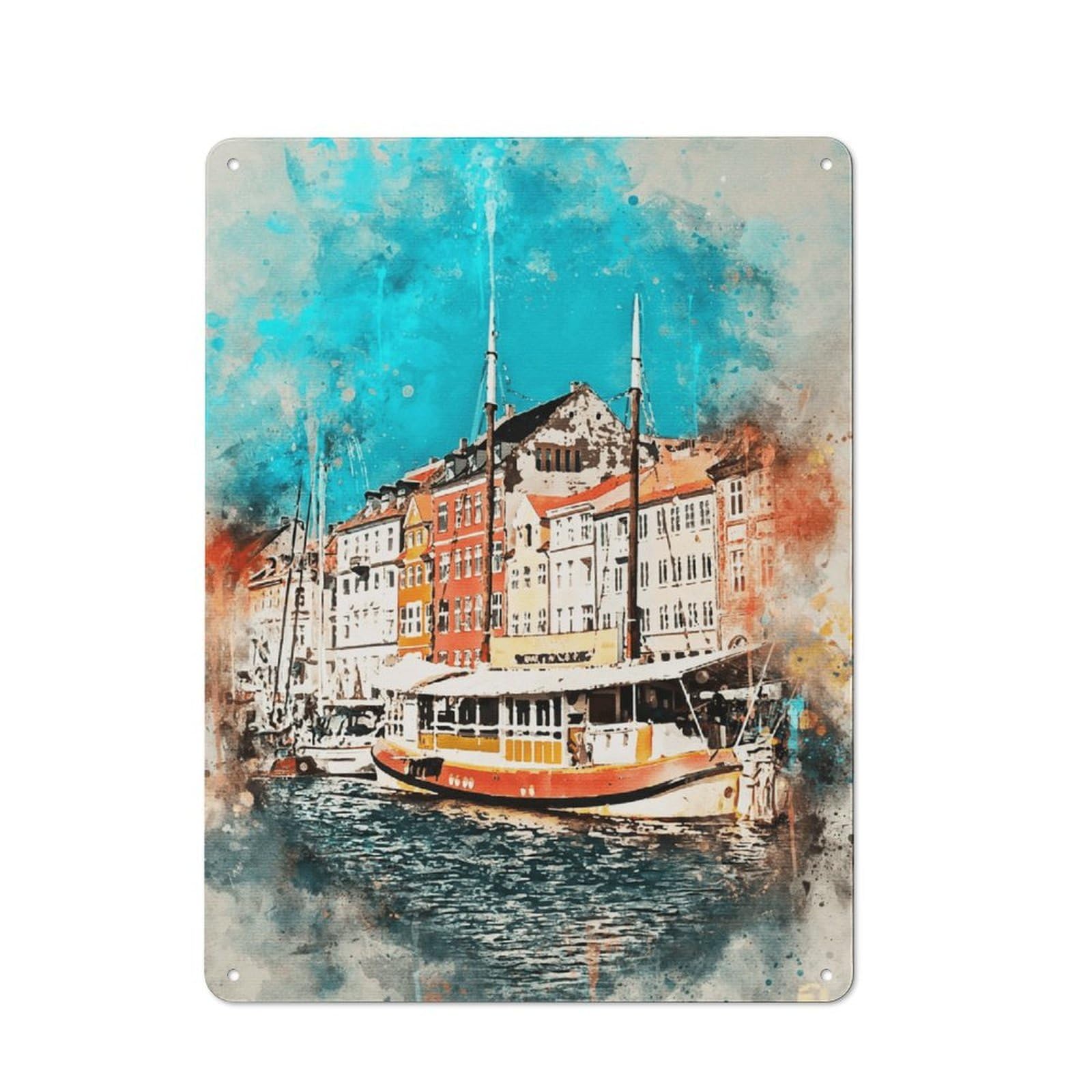 Junmoney Style-1 Tin Wall Plaque 40X30cm With Watercolor Painting Of Boats For Pub Or Café, For Hospitality Wall Decor Collectors