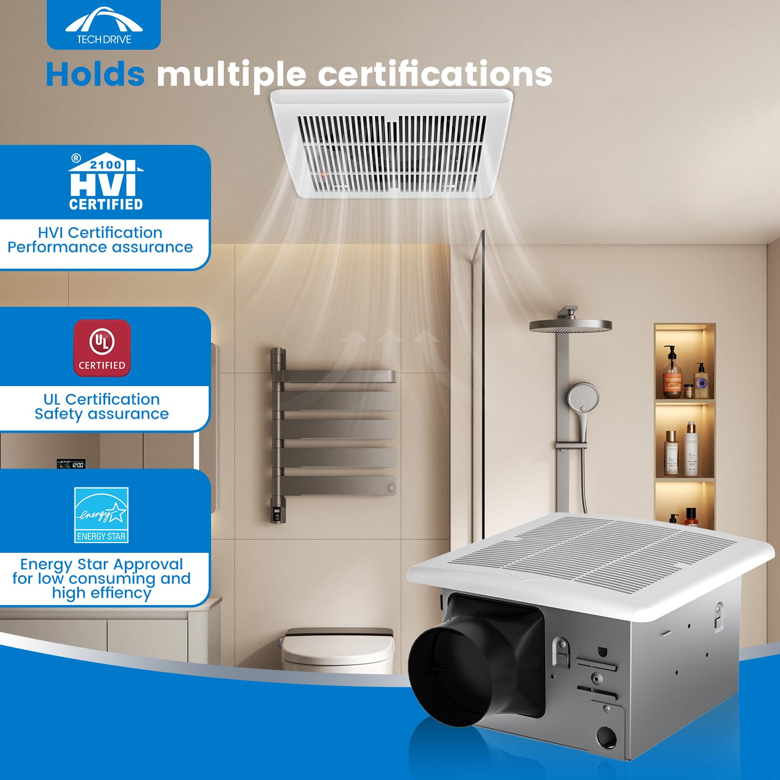 Tech Drive Ventilatore da bagno 110 CFM, 1.2Sone Nessun accesso alla soffitta Necessario Installazione, Ventilazione del bagno molto silenziosa e ventilatore di scarico, Ventilatore montato a