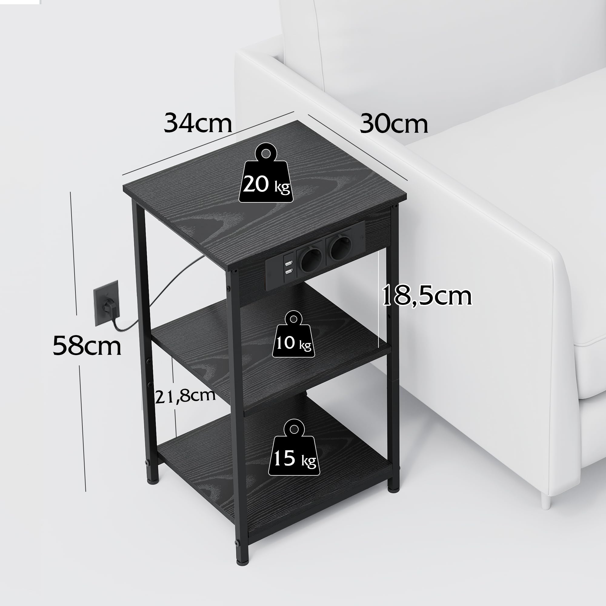 WLIVE Beistelltisch Schwarz, 3-Stufiger Klein Nachttisch mit Steckdosenleiste, Zeitschriftenhalter, Sofatisch mit Ablage für Wohnzimmer, Schlafzimmer, kleine Räume, Schwarz