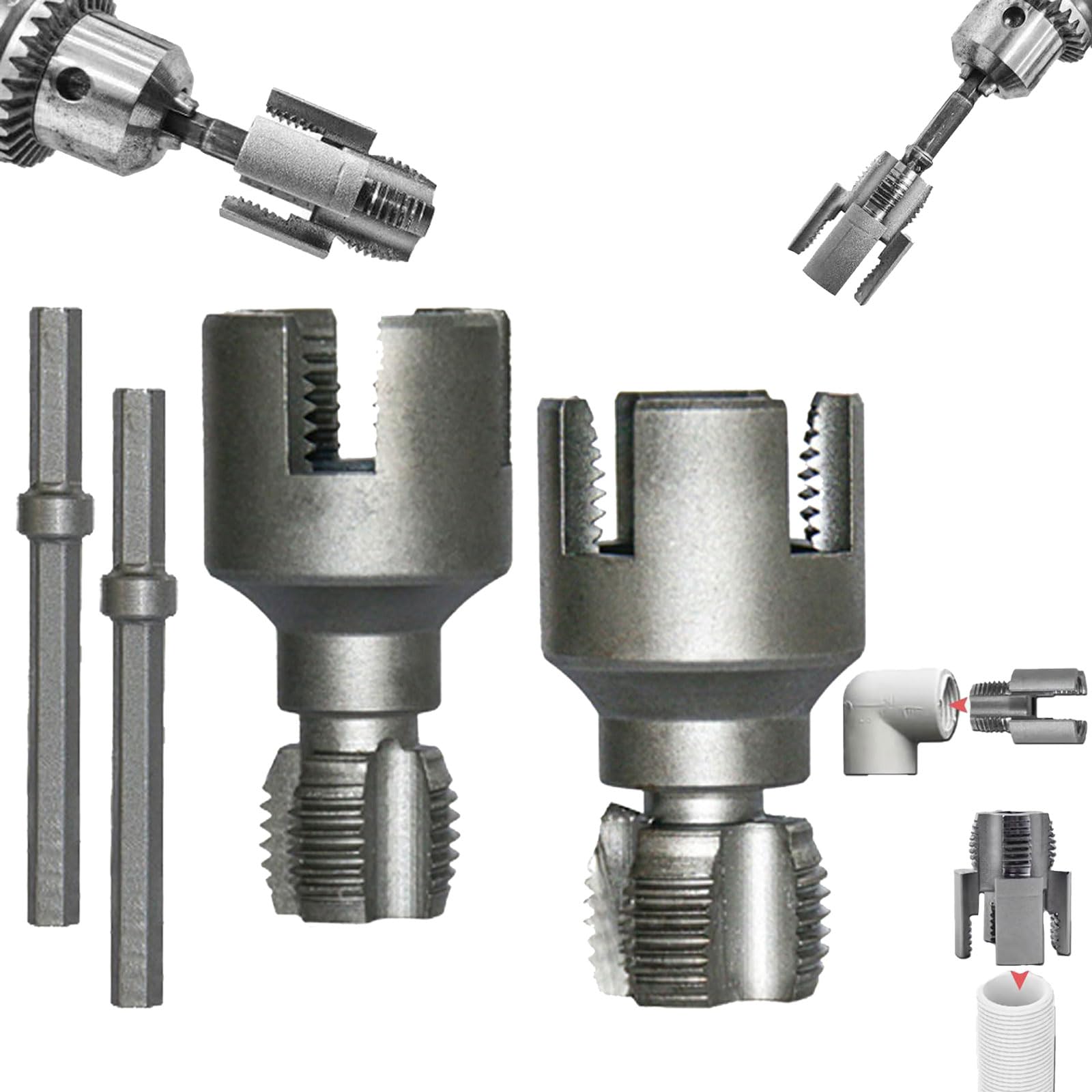 Pipe Thread Cutting Tool, Integrated Internal & External Pipe Threading Tool, PVC Thread Maker Tool For Electric Drill,1/2" (DN15) 3/4" (DN20) Pipe Sizes Rethreading Tool (1/2"+3/4")