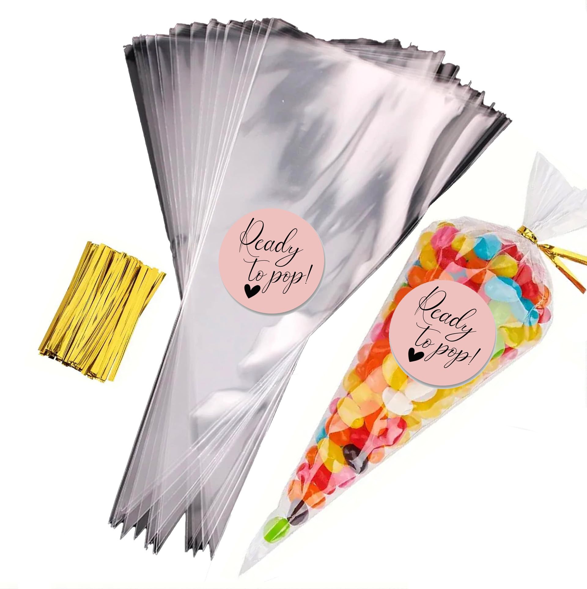 Sweet Cone Bags with Coloured Ties | Triangle Clear Cellophane Bags | Food Sweet Candy Popcorn Snacks | Brithday Baby Shower Fayres Events Festivals