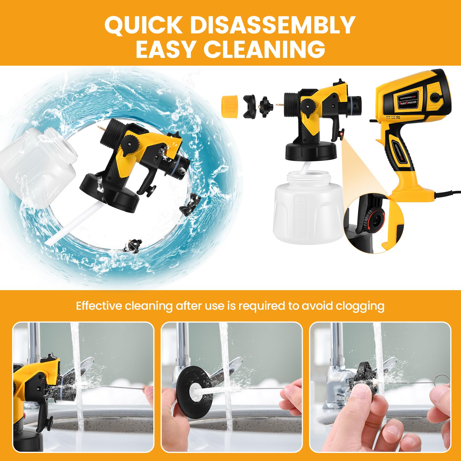 Pistolet a Peinture, 800W Pistolet a Peinture Electrique, 1400ml HVLP Pistolet Peindre avec 5 Buses et 3 Motifs, pour Meubles, Armoires, Clôture, Plafonds, Murs, Porte, Jaune