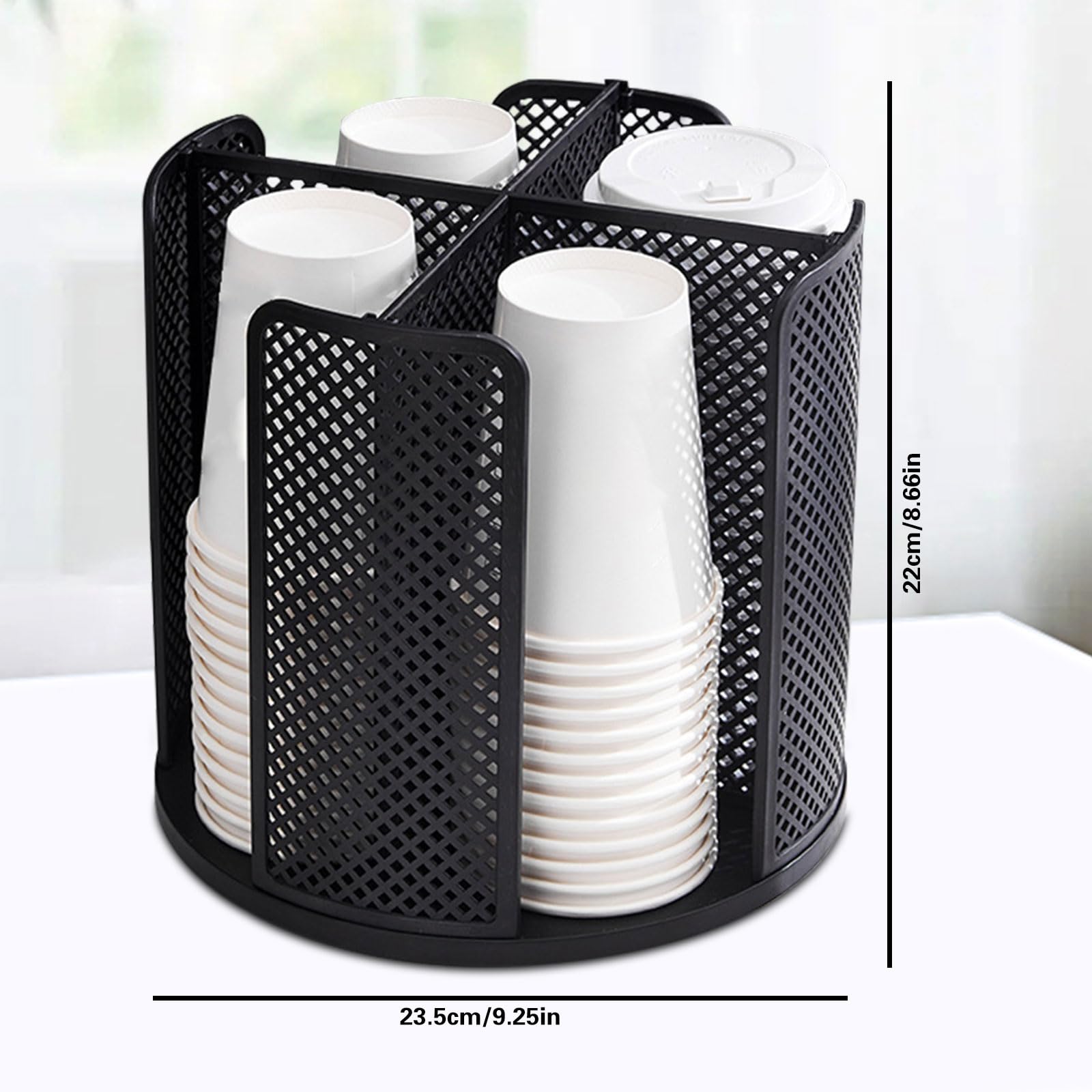 Yallmie Rotatable Coffee Cup Lid Organizer with 4 Compartments Paper Cup Dispenser Holder Rack Durable Paper Cup Storage for Countertop Home Office Coffee Shop (Black) - Image 2