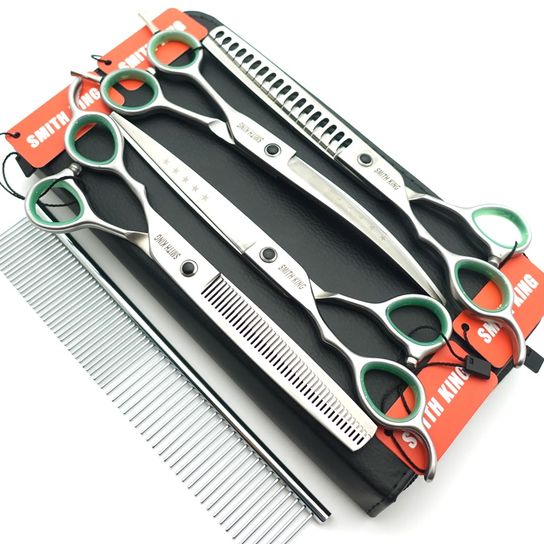 7.0 inches Professional Dog Grooming Scissors Set Straight & thinning & Curved & chunkers & Comb 5pcs in 1 Set for Left-Handed & Right Handed