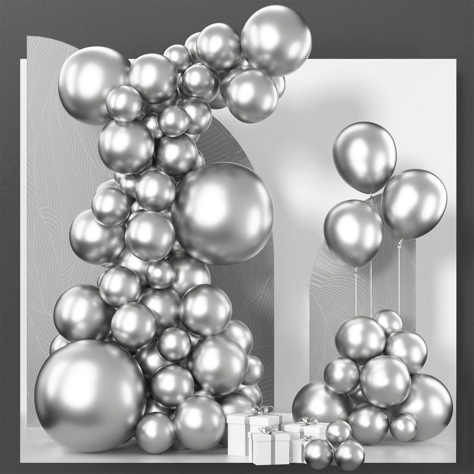 PartyWoo Silver Balloons, 102 pcs Metallic Silver Balloon Garland Kit of 18 inch 12 inch 10 inch 5 inch Latex Balloons for Chrome Silver Balloon Arch Kit, Birthday, Wedding, Baby Shower