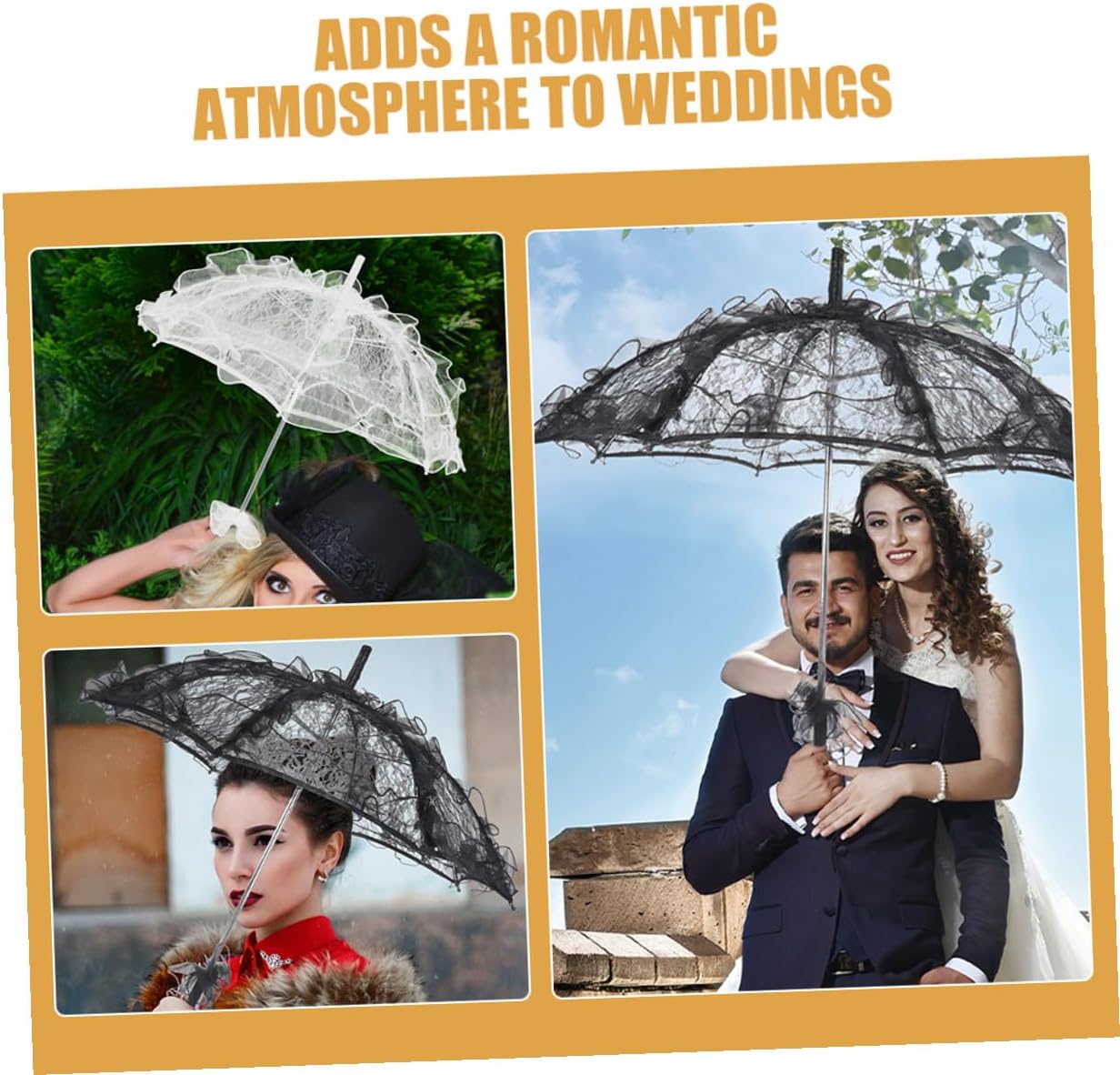 2pcs Wedding Parasol Umbrella Lace Bridal Stick Umbrellas Black White Vintage Embroidery Decorative Photography Props for Women Outdoor Sun Protection