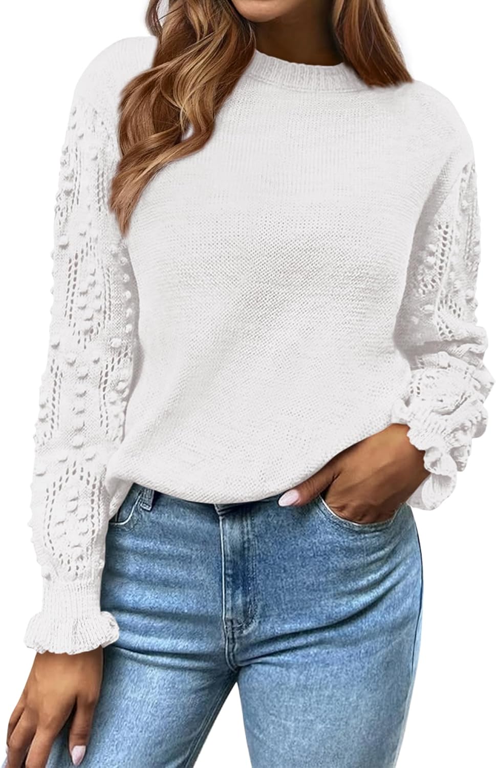 BTFBM Fall Sweaters for Women 2025 Crew Neck Long Sleeve Hollow Out Swiss Dot Knit Casual Pullover Tops Fashion Clothing White Small