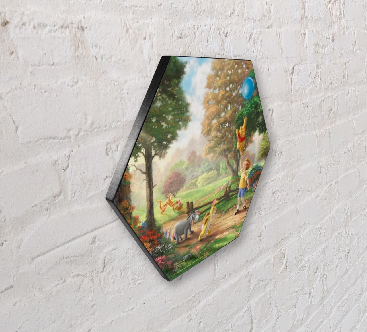 Thomas Kinkade Studios – Disney – Pooh’s Balloon Adventure – 11.5” X 10” Hexagon KNEXAGON Wood Print – Tabletop Display, Hang Alone or Connect to Other Pieces – Collectible WPHEX1134