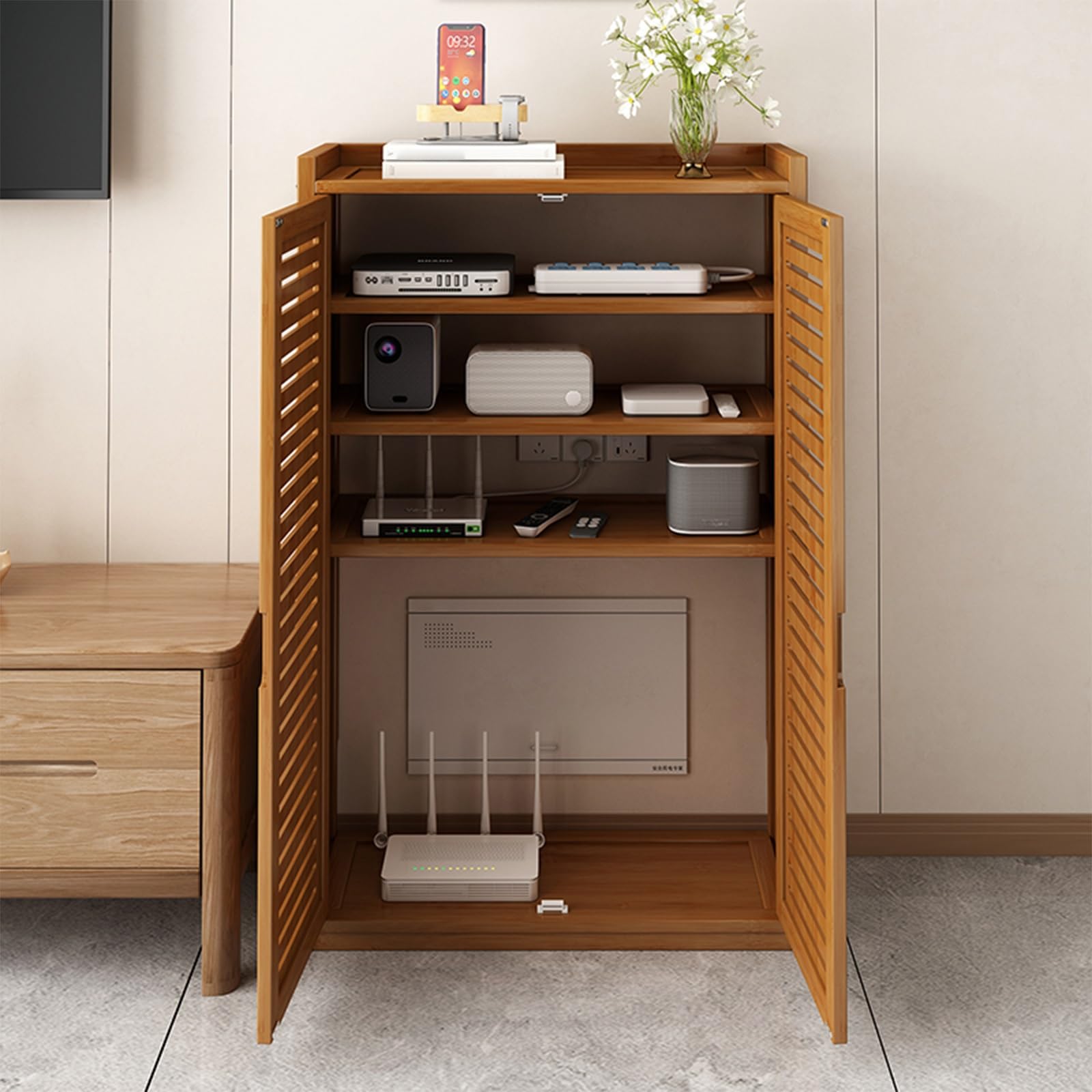 Meuble rangement routeur WiFi boîte gestion câbles et multiprise