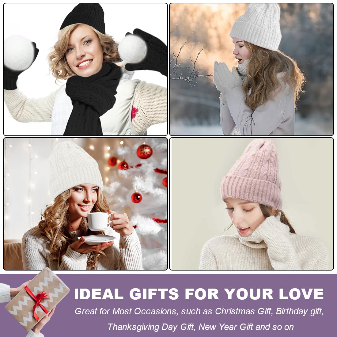 Warmiehomy Mütze, Schal & Handschuh-Sets für Frauen Damen Weiche Warme Gestrickt Langer Schal 3 in 1 Winter Dickes Strickset für Skifahren Draußen Einkaufen Angeln Cmping