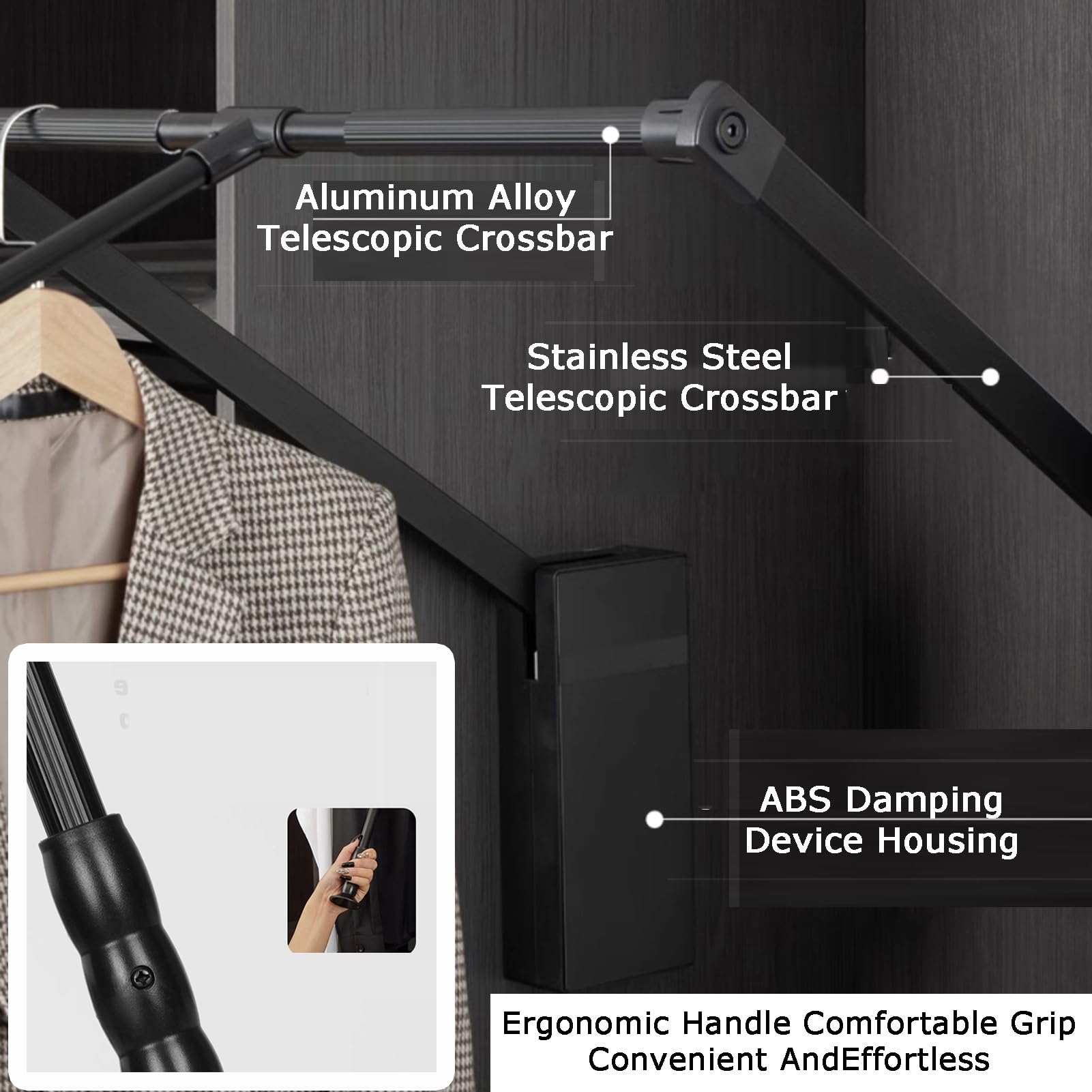 Podwójne Szyny Podnoszące Do Szafy Tłumiącej | Nośność 20 kg, organizer na wieszaki na ubrania(Black,660-890mm)