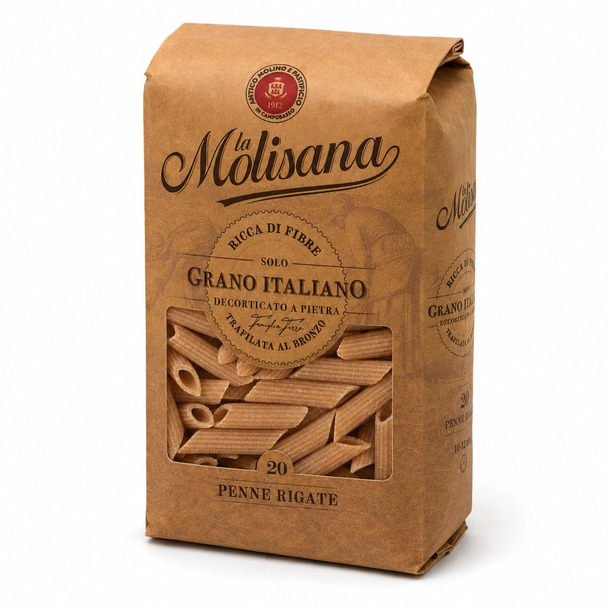 La Molisana Penne Rigate N°20 Integrali Whole Wheat Semolina Pasta, 17.64 oz ℮ 1.1 lbs ℮ 500 g
