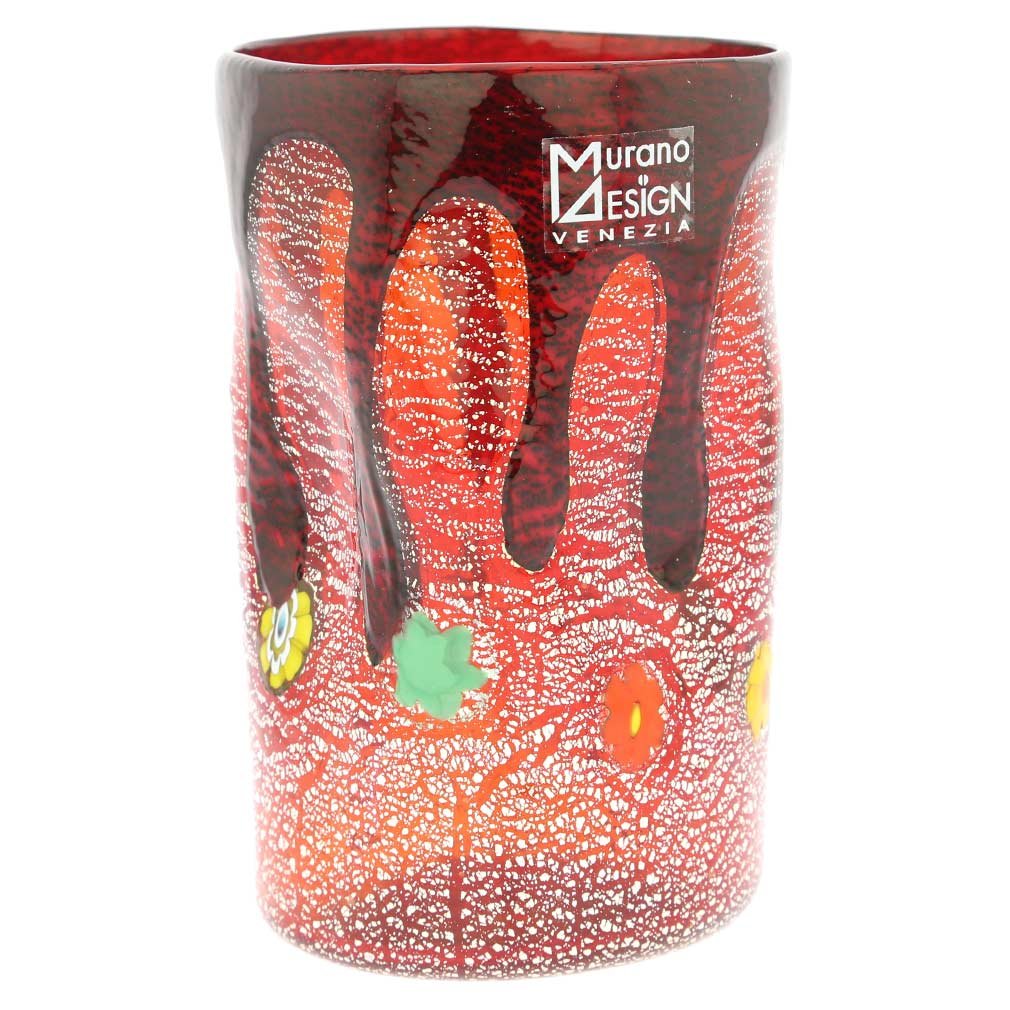 Glass Of Venice Murano Glass Tall Drinking Glass - Silver Lava Red