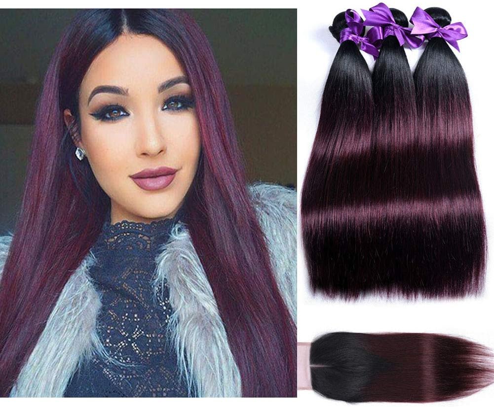 10A Ombre Burgundy Bundles With Closure 100% Ombre Brazilian Remy Human Hair Weave Red Wine 99j Ombre Straight Virgin Hair With Lace Closure Middle Part (12 14 16 +10)