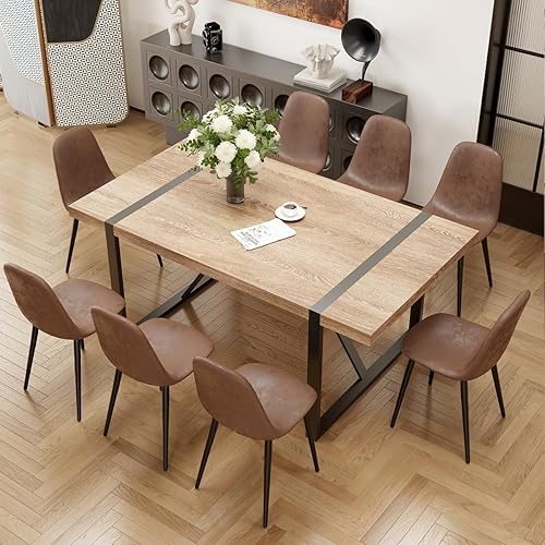 Miniatura 2 de Juego de mesa de comedor de 9 piezas, mesa de cocina rectangular moderna de madera de 71'' y juego de sillas de comedor de tela de 8, juego de mesa