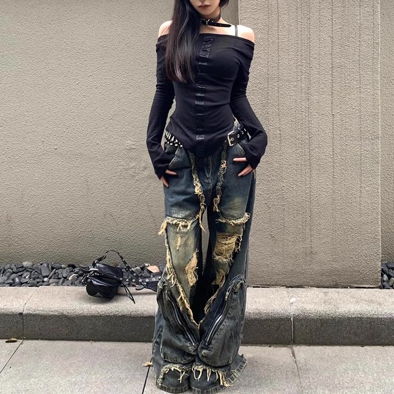 Y2K Ripped Wide Leg Baggy Jeans for Men Women, Grunge Streetwear Retro Loose and Worn Denim Pants with Zipper2