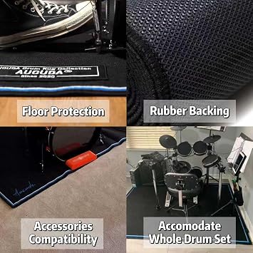Aucuda Drum Rug 4x4ft Drum Mat Outdoor, Tightly Woven Fabric Cool Drum Set Carpet with Non-Slip Grip Bottom, Electric Drum Accessories for Bedroom, Studio, Apartment, Soundproof, Guitar, No Crease.