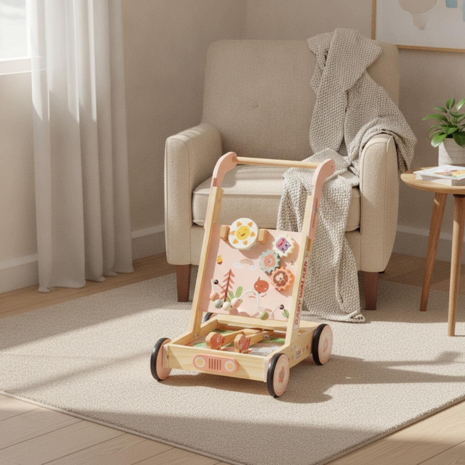 Harilla Carrello Primi Spostamenti in Legno Multifunzione Carrello Primi Spostamenti con Attività Stabile Giocattolo per Bambini Piccoli, Neonati, Asilo Nido