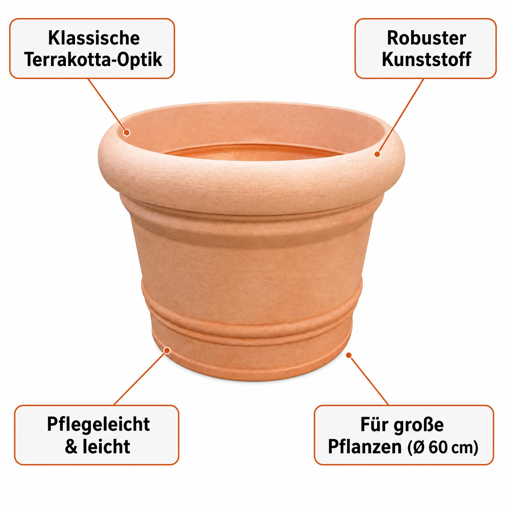 Pflanzkübel groß außen, Ø 60 cm, Kunststoff Terrakotta-Optik | Frostsicherer Blumenkübel für drinnen und draußen – wetterfest, lichtecht und bruchsicher für Garten, Balkon & Terrasse
