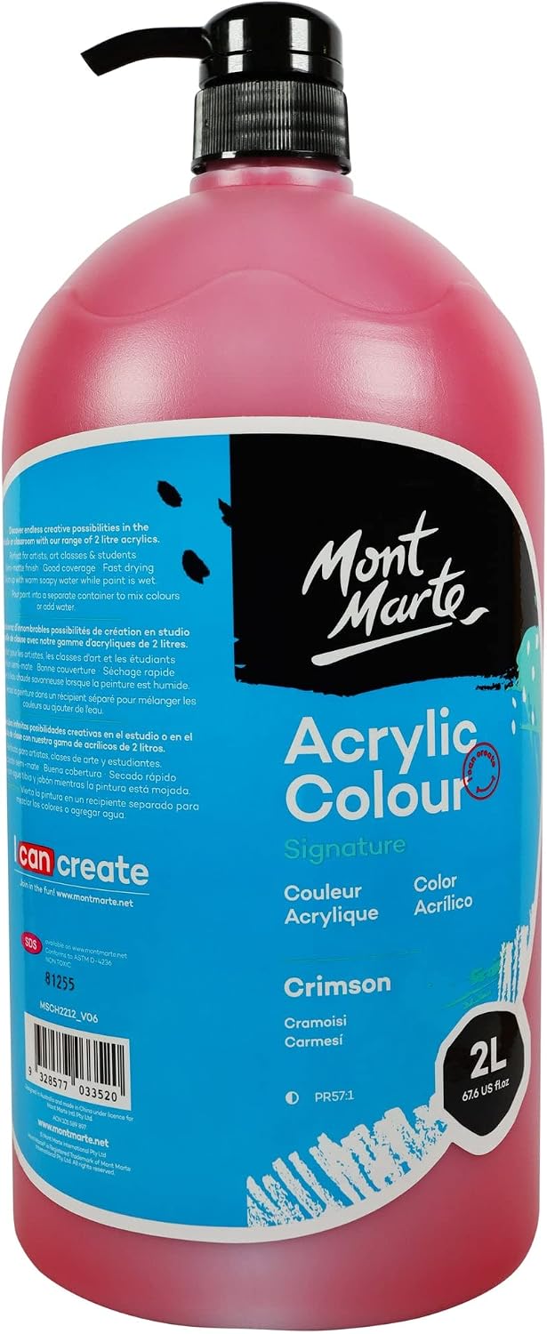 Mont Marte Discovery School Acrylic, Carmine, 1/2 Gallon (2 Liter). Ideal for Students and Artists. Excellent Coverage and Fast Drying. Pump Lid Included.