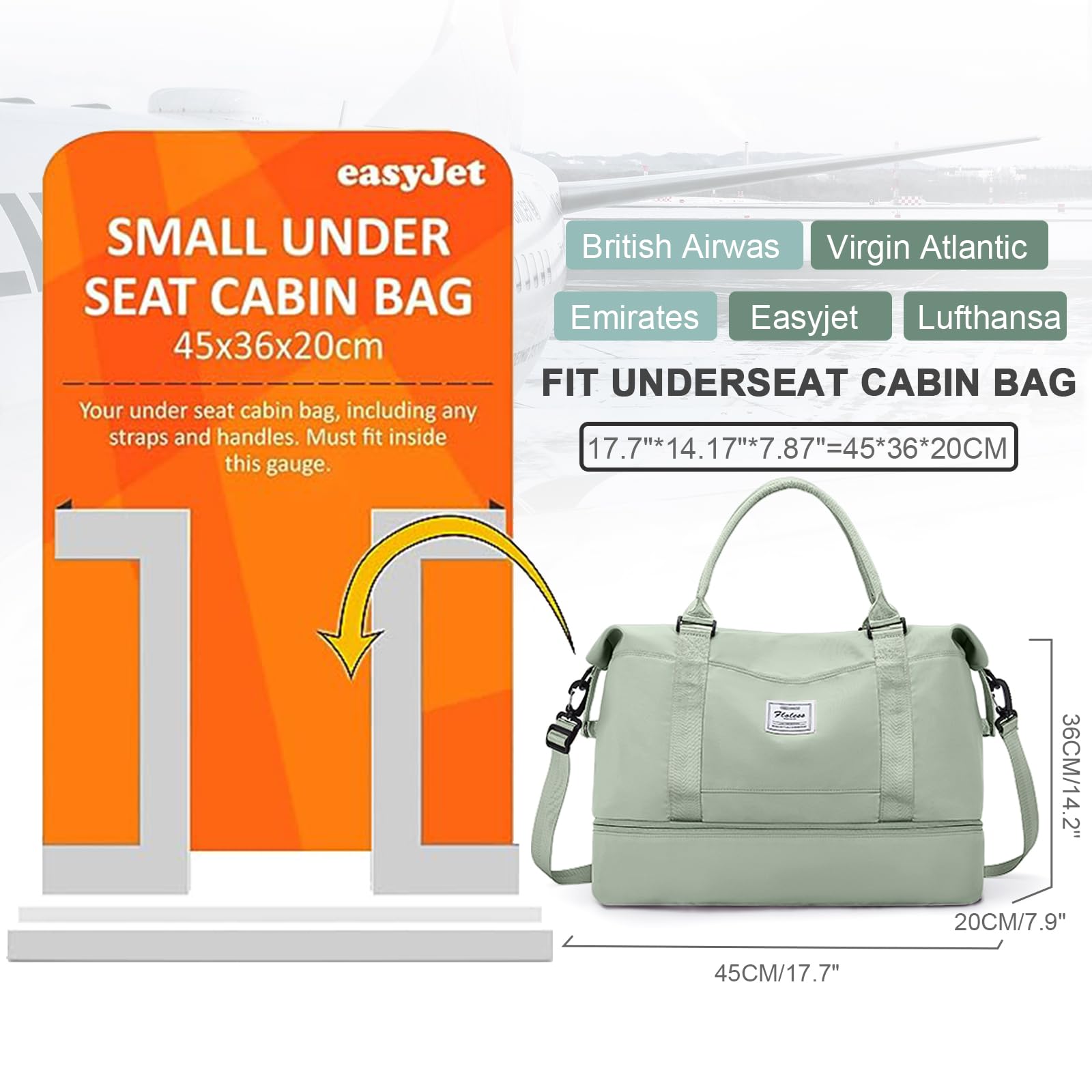 Borsone da Viaggio Donna, 45x36x20 Easyjet Bagaglio a Mano Borsa da Viaggio con Scomparto per le Scarpe, Borsa Sportiva Borsone da Palestra Grande, Borsa da Weekend,Borsa per Ospedale,E13-Verde bianco