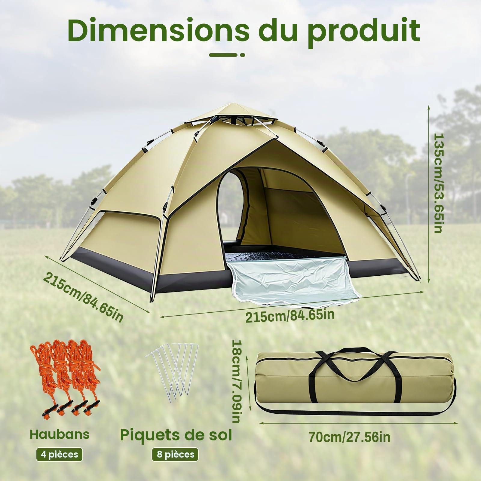 Tente de Camping 2-4 Personnes, Tente Instantanée Pop-Up pour le Camping, Imperméable et Résistante au Vent, Tente Double Couche 2-en-1 en Forme de Dôme pour le Camping et la Randonnée