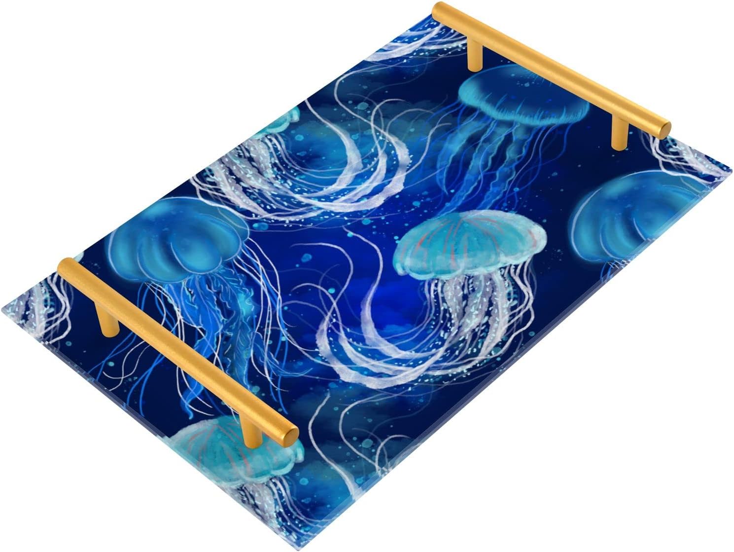 NFMILI Blue Teal Jellyfish Vanity Tray Rectangle Acrylic Vanity Trinket Coffee Table