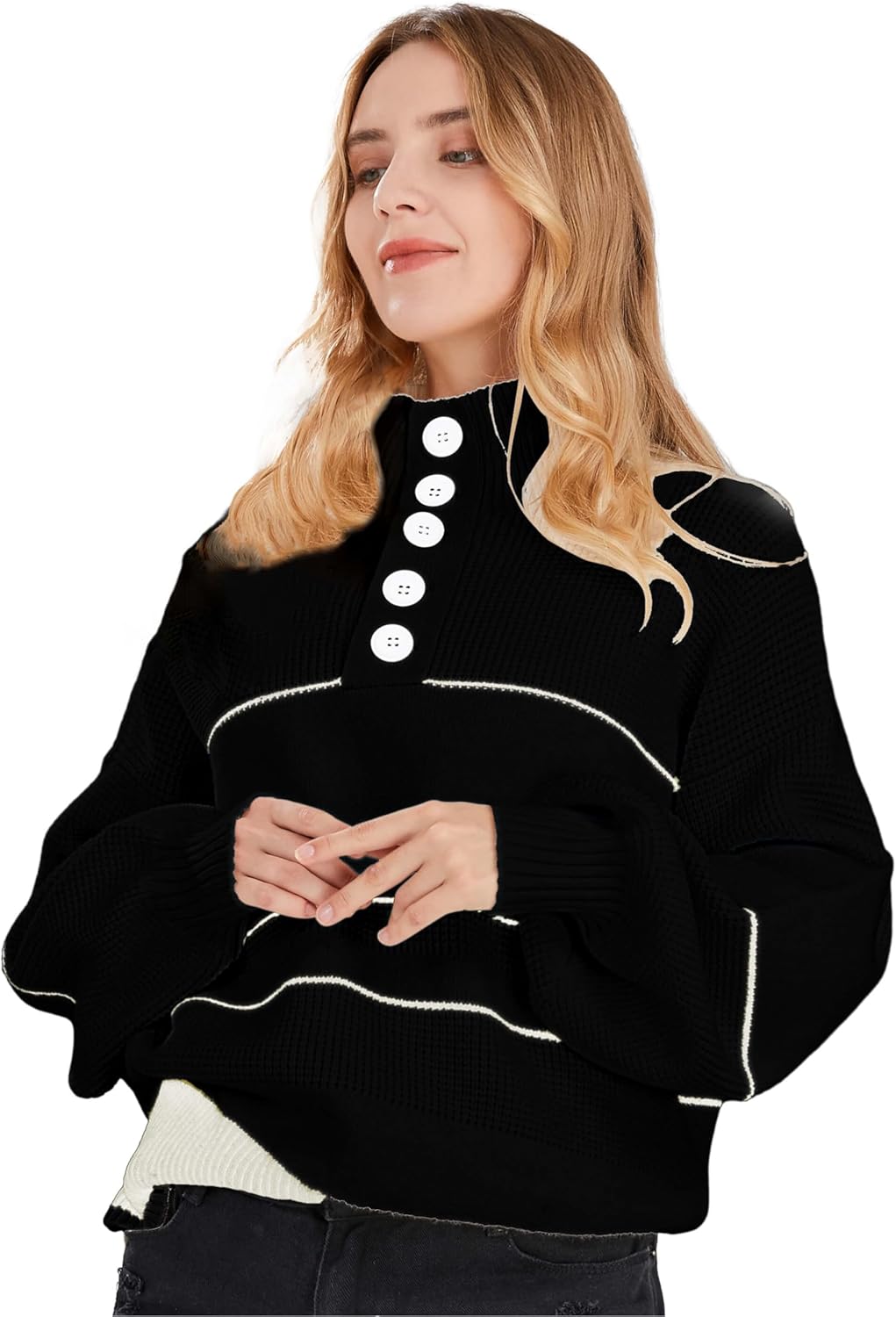 CHARTOU Women's Waffle Knit Knitwear Slouchy Striped Polo Collared Long Sleeve Pullover Sweater Tops - Image 4