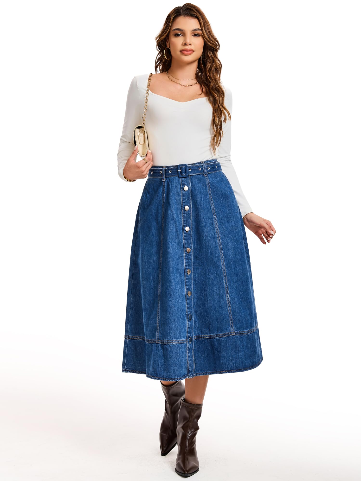 Damen Vintage Knopfleiste Ausgestellter Midi Jeansrock