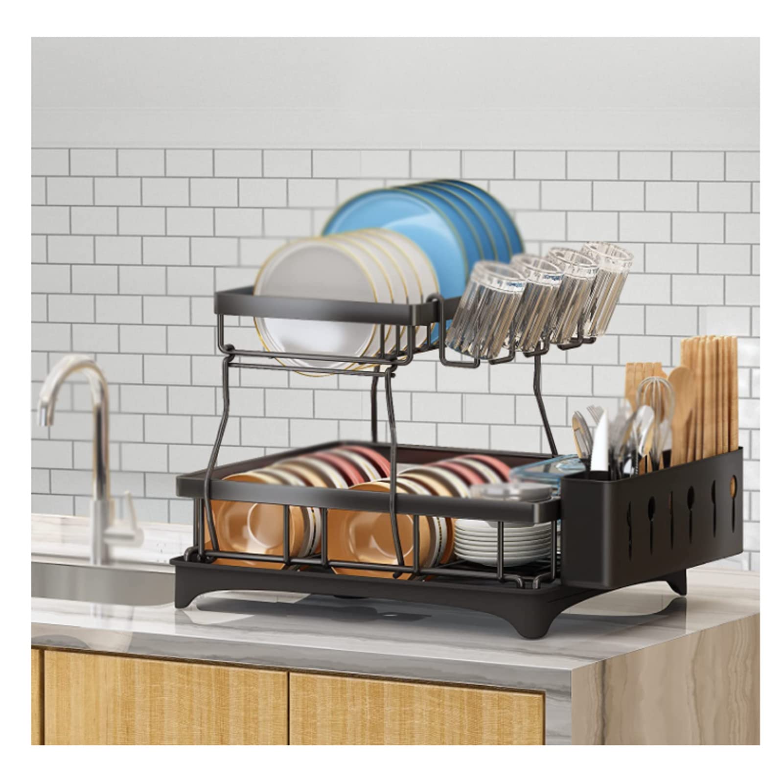 SaryEdge Dish Drainers Dish Drying Rack,2-Tier Dish Racks For Kitchen Counter,Large Stainless Steel Dish Dryer With Detachable Cup Rack And Utensil Holder For Kitchen Counter,