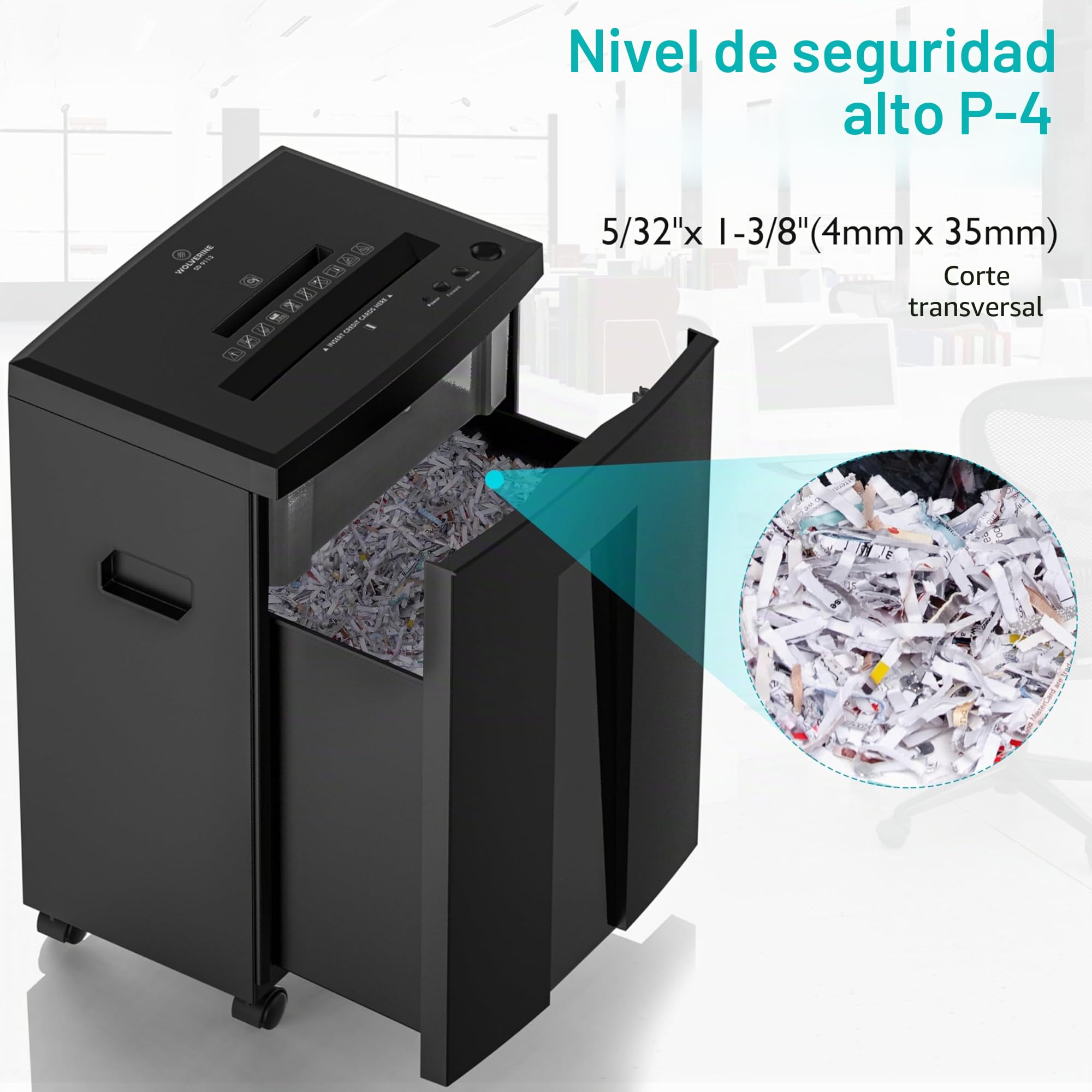 WOLVERINE - Trituradora ultrasilenciosa de Alta Seguridad P4 y Corte Cruzado de hasta 18 Hojas de Papel Resistente, CD o Tarjetas, Ideal para Uso doméstico, SD9113,Negro