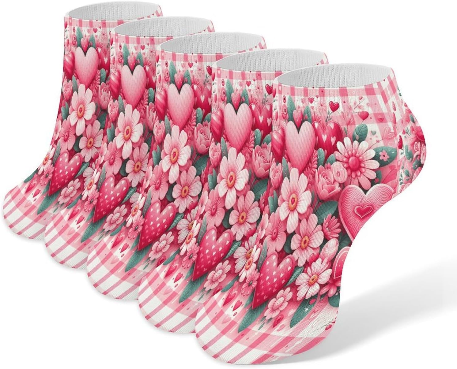 Valentine's Day Flowers 5Pairs Low Cut Ankle Socks for Women No Show Casual Breathable Athletic Socks for Sport