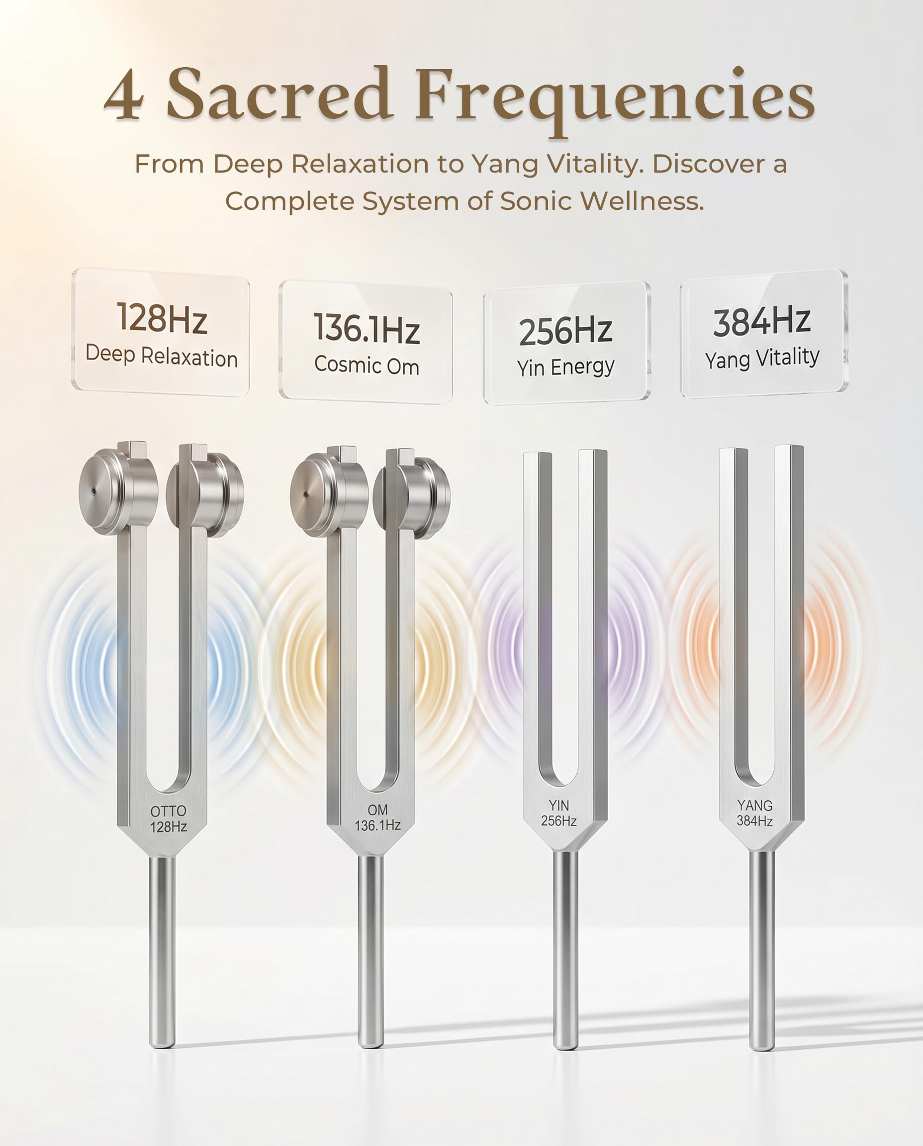 Harmony Stimmgabeln für Heilung Set (128Hz 136.1Hz 256Hz 384Hz) | Weighted & Unweighted Pure Frequencies Stimmgabeln mit Anfängeranleitung, Schlägelaktivator, Samtbeutel für Klangheilung