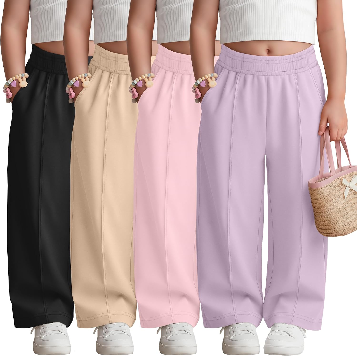 4 Pack Toddler Girls Wide Leg Pants Front Seam Baggy Cotton Sweatpants Baby Girls Active Trousers with Pockets