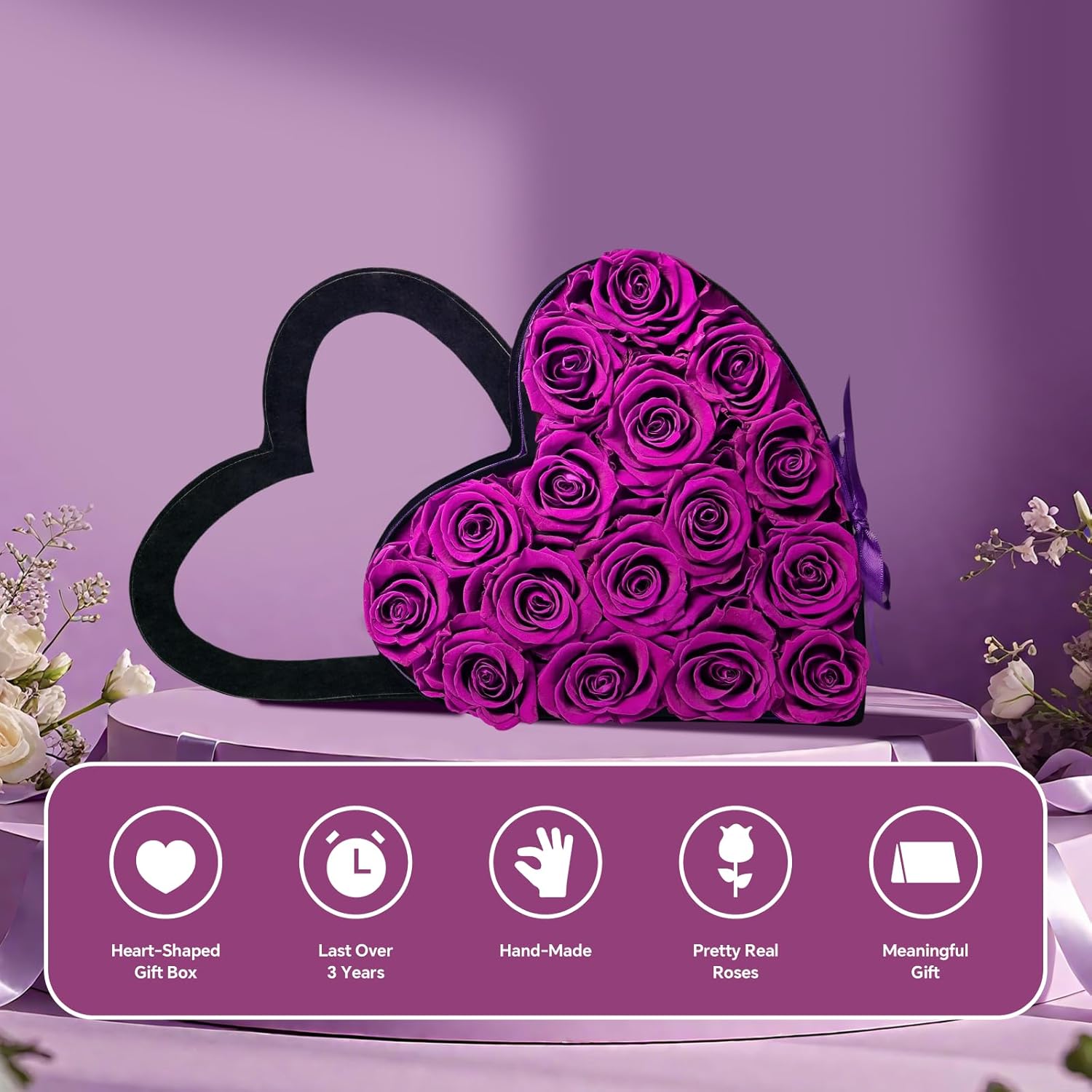 16 Preserved Real Roses in Heart Shape Box, Forever Flowers Gift for Her Women Wife Mom Valentines Day Birthday Anniversary Purple - Image 5