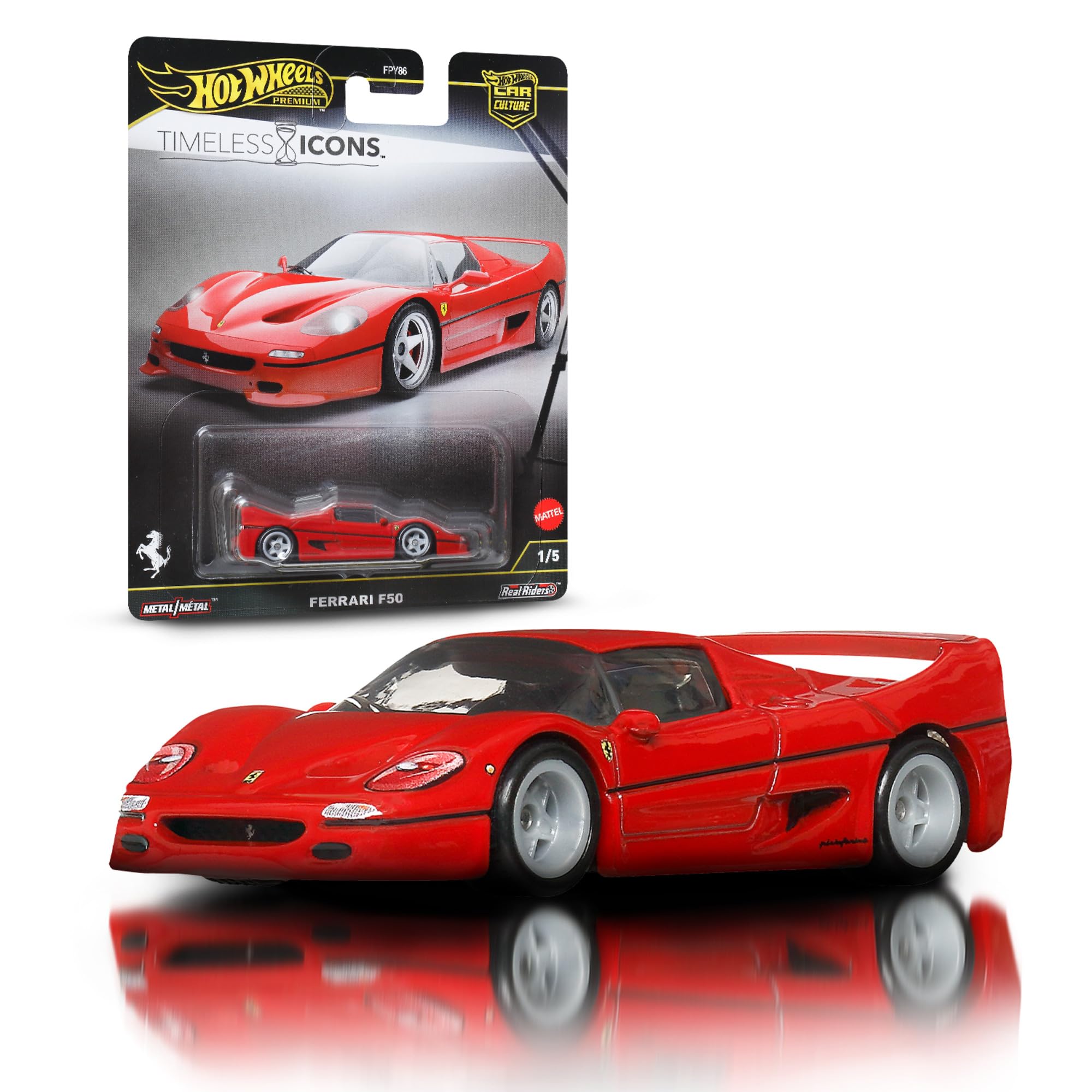 Hot Wheels Ferrari F50 Timeless Icons, Premium Car Culture Kultowe auta Metalowy samochód zabawka w skali 1:64 z oponami Real Riders, JBK56
