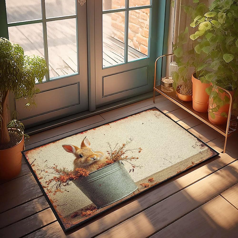 Paillasson grand format antisalissure motif lapin et fleurs