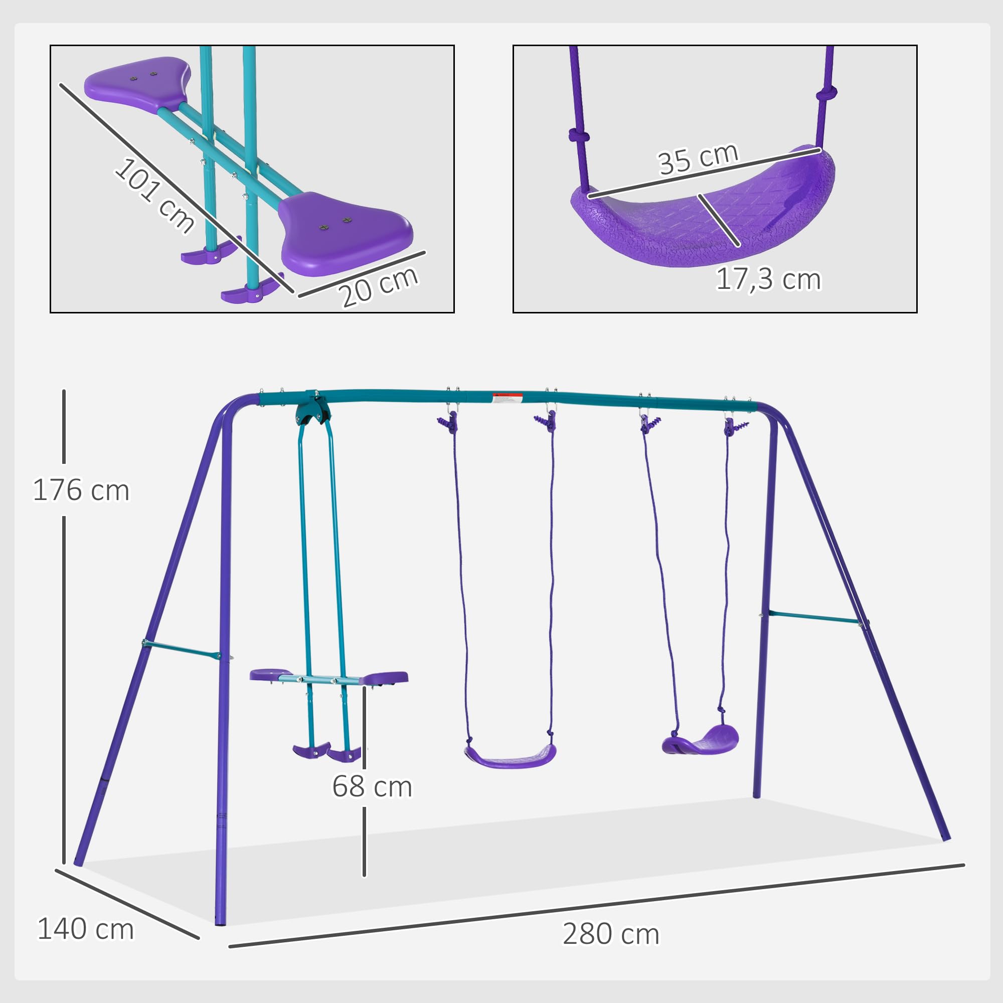 Outsunny Balançoire Portique Extérieur Enfant 3 en 1 Charge 180 kg Violet | 1 Balançoire Face à Face, 2 Sièges de Balancelle, Hauteur Réglable, en Métal, pour 3+ Ans