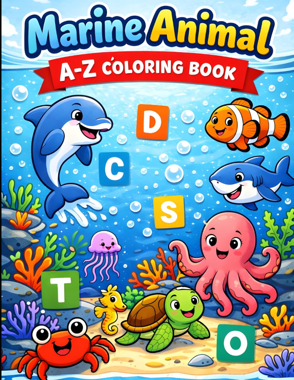 Marine Animals Coloring Book for Kids Ages 4–7: Cute Marine Creatures Coloring Book for Preschool and Kindergarten