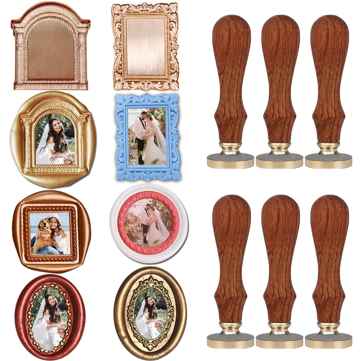 Wachssiegelstempel mit 3D-Reliefrahmen, abnehmbare Messingköpfe mit 6 Holzgriffen, 3D-geprägter Fotorahmen, Siegelwachsstempel für Hochzeitseinladungen, Scrapbooking, Briefe, Geschenk