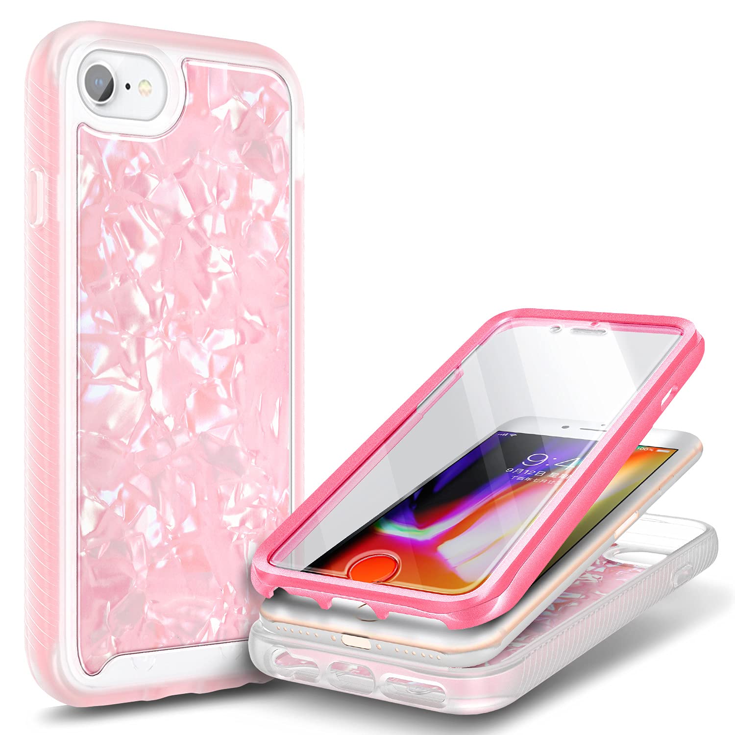 E-Began Case for iPhone SE 2020 (2nd Gen), iPhone 8 /iPhone 7/6/6S, Full-Body Protective Rugged Matte Bumper with Built-in Screen Protector, Seashell Pattern, Shockproof Durable Case (Pink)