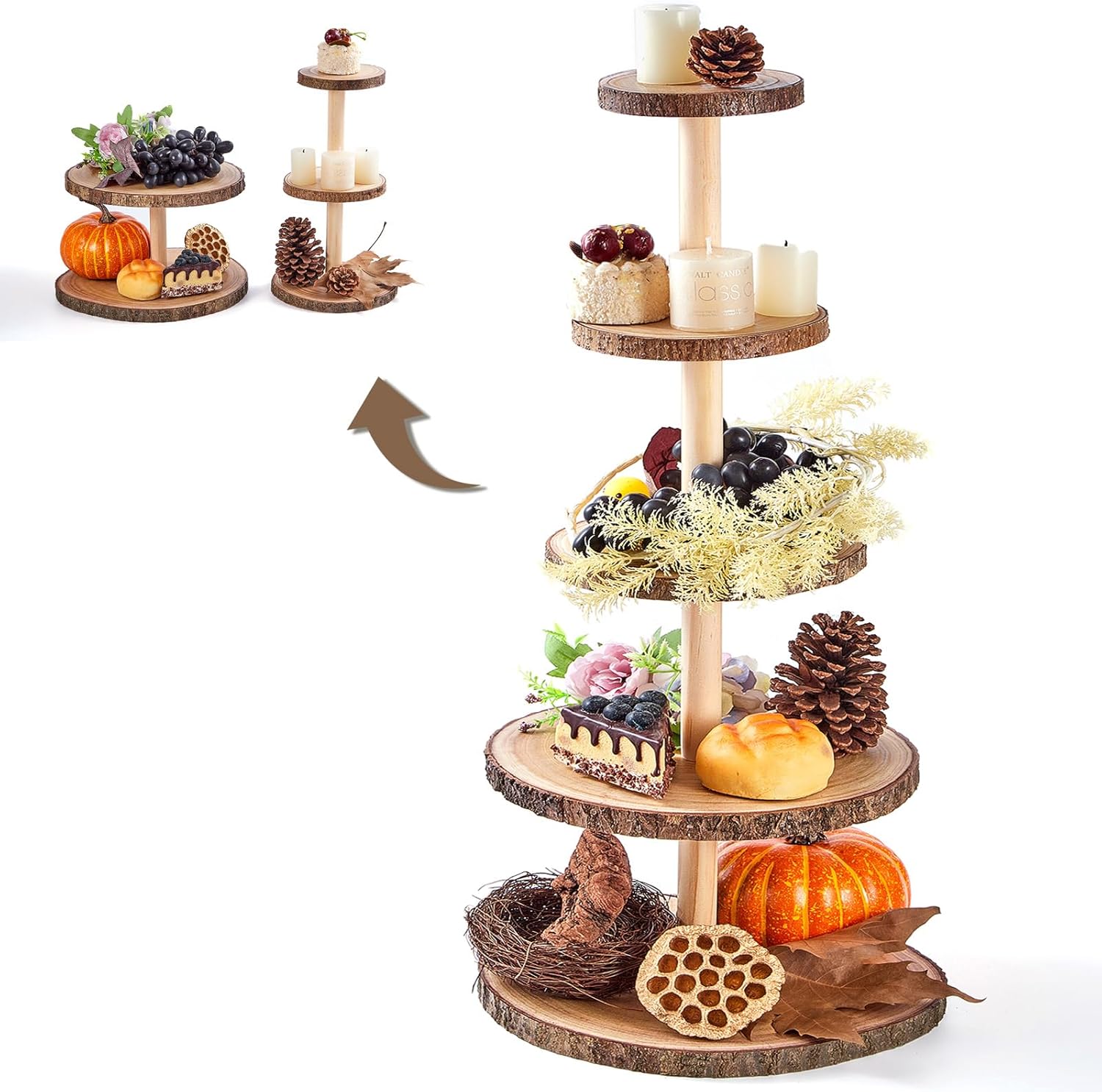 5-Tier Wood Cupcake Stand, Rustic Cake Display Stand Ideal Dessert Holder Tower for Wedding Table Centerpiece, Multifunctional 3+2 Tiered Detachable Large Wood Slices Decoration