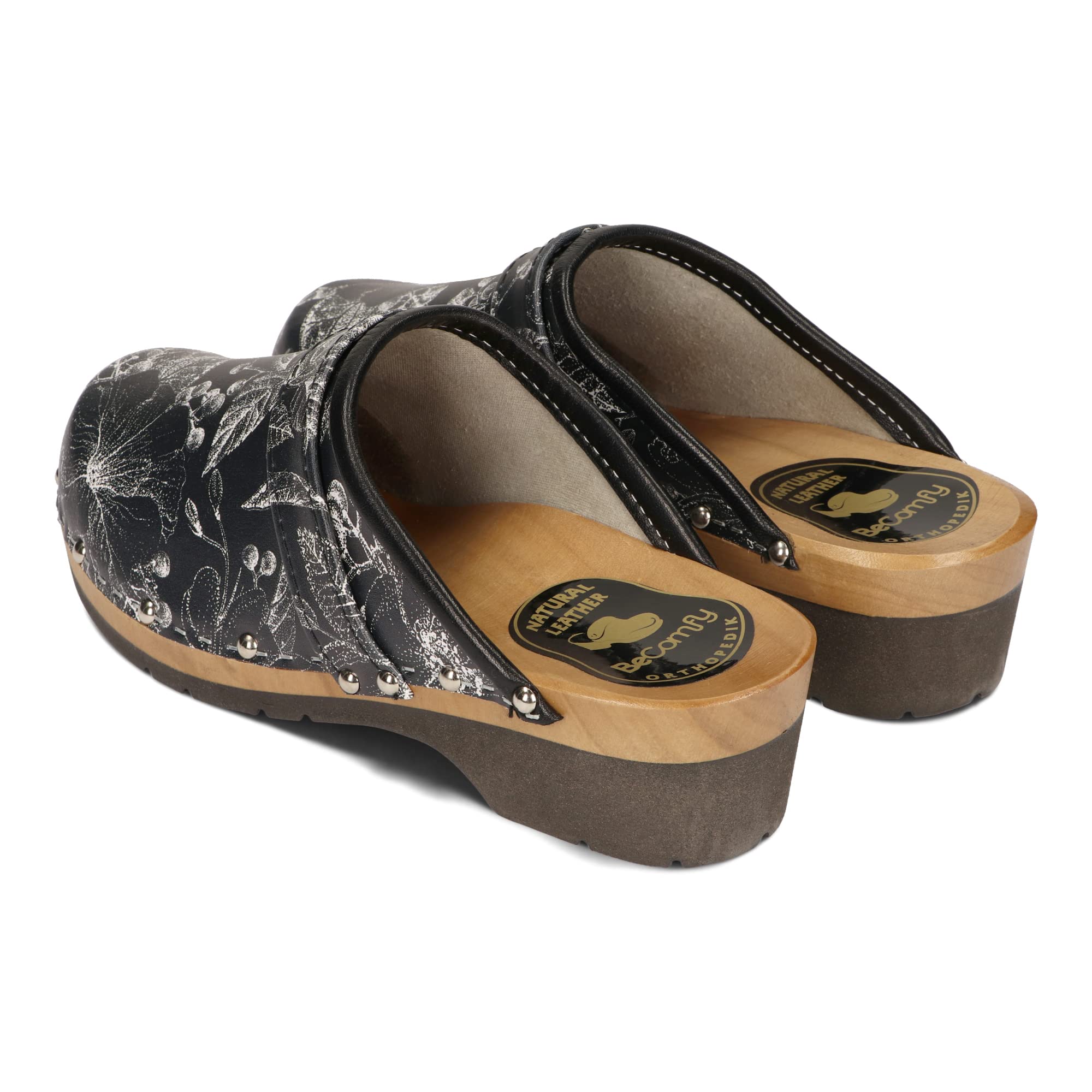 BeComfy Damen Holzclogs Naturleder Weite Passform Blockabsatz | Naturleder innen und außen, Holzsohle mit Gummischicht, Blockabsatz 5 cm, Weite Passform, Ohne Verschluss, EU