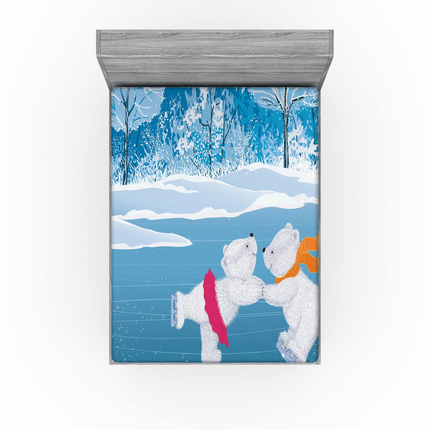 Lunarable Cartoon 2 Pack Fitted Sheet, Bears Skate on Winter Lake, Bed Cover All-Round Elastic Deep Pockets 2 Pieces, Package Contains 2 California King Fitted Sheets, White and Blue