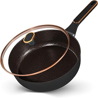 STONELINE Sauté Pan 28 cm Non-Stick High Rim Deep Pan with Lid Induction Pan Coated with Real Stone Particles, All Hob Types Oven, Roast Without Fat and Oil, Rose Gold Aluminium