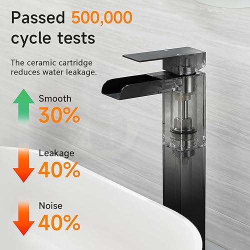 Miniatura 5 de Grifo de baño de cascada alto negro, grifo de fregadero Hanlde con boquilla de cascada, grifos de baño para 1 agujero, grifo mezclador de tocador de